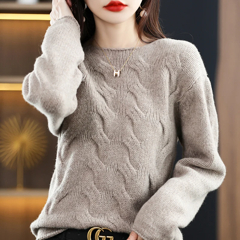 

Rolled Edge Round Neck Women's Sweater Autumn Winter New Drop Shoulder Sleeve 100% Pure Wool Knitted Twisted Versatile Pullover