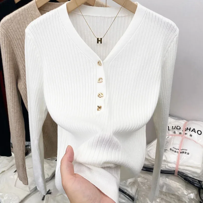 

Вязаный свитер женский, пуловер с V-образным вырезом, белый, женская одежда, вязаный свитер-пуловер, женские топы, модный трикотаж с длинным рукавом Q1482
