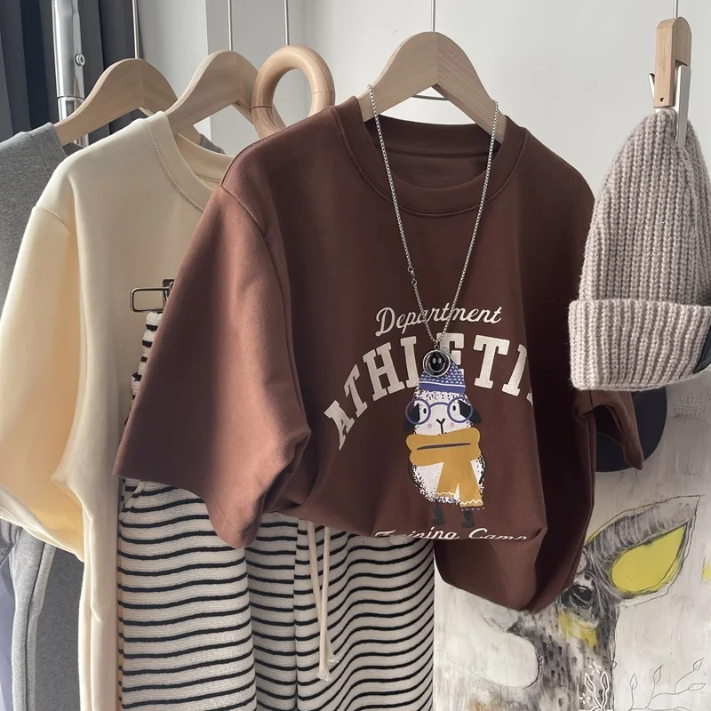 Retro Chic Hong Kong Sle Cartoon Pure Cotton ort Sve Women's T-irt Summer Design Oversize f Sve Top