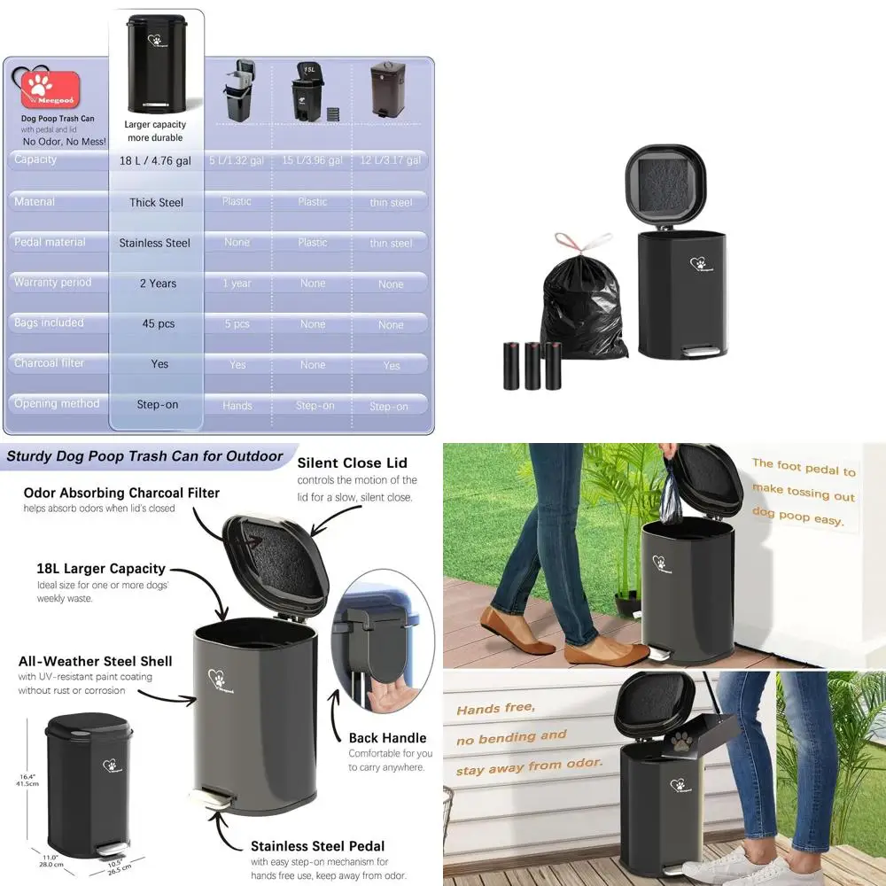 

18L Stainless Steel Step-On Trash Can with Soft Close, Removable Bucket, and Free Waste Bags for Kitchen and Outdoor Use