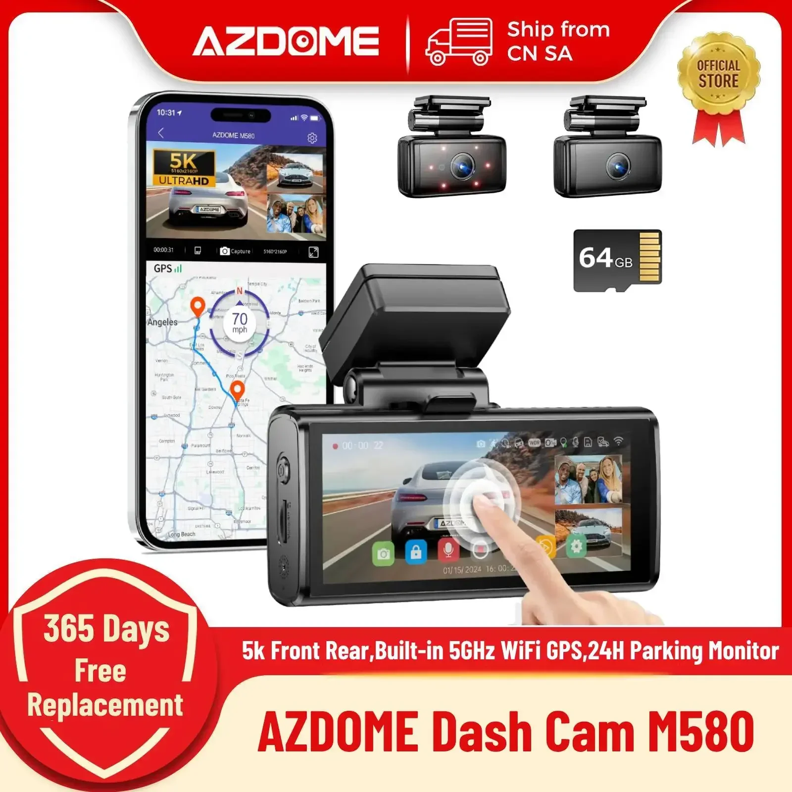 AZDOME M580 Dashcam 5k Vorne Hinten Auto Kamera Integrierte 5GHz WiFi GPS 4" Touchscreen 24H