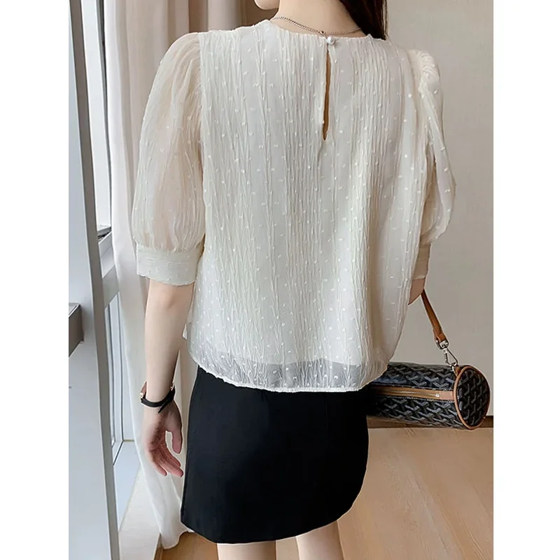 Mode musim panas blus sifon nyaman wanita berkancing kemeja kasual elegan Chic lengan pendek jaring Atasan Wanita LJ563