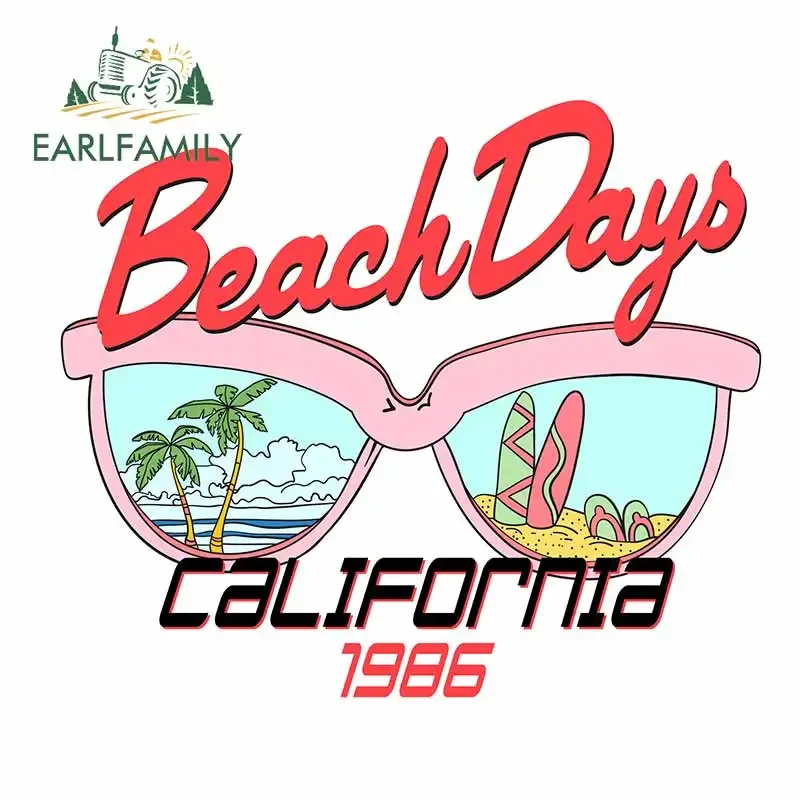 EARLFAMILY 13cm x 11.2cm Beach Days Art Funny Car Stickers Cartoon The Summer Scenery in Glasses Decal Creative Sunscreen Decor