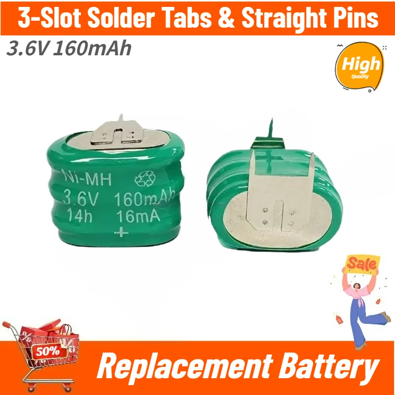 2Pcs 3.6V 160mAh Ni‑MH Rechargeable Button Cell Battery, Motherboard Backup Battery, With 3‑Slot Solder Tabs & Straight Pins