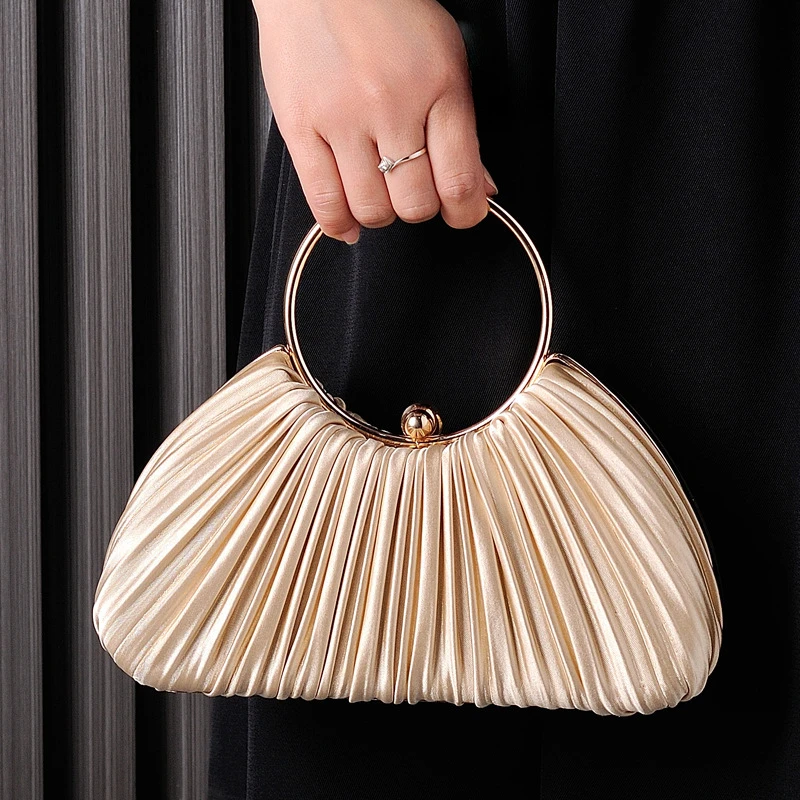 2024 NEW Style Fashion Pleated Evening Bags for Women Apricot Big Ring Handbags Party Banquet Shoulder Bag Purse Bolsos De Noche