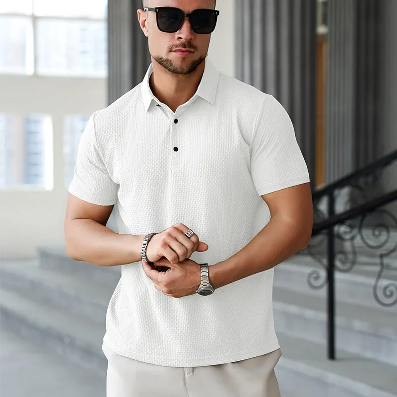 Men's Business Casual Short Sleeve POLO Shirt Bone Flower Solid Color Breathable Comfortable Fashion Summer Versatile Top