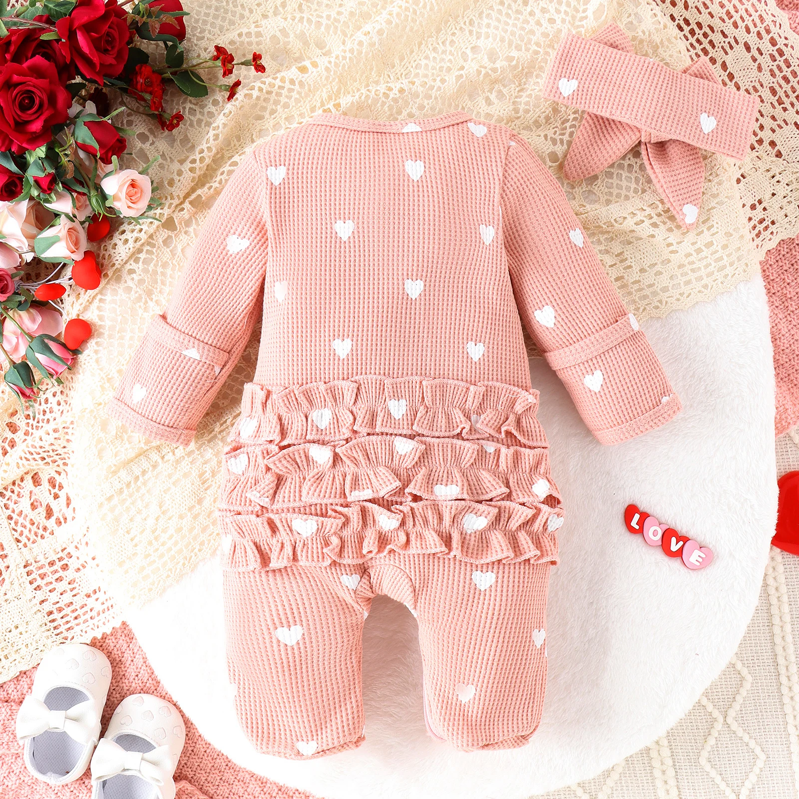 2PCS Autumn From 0 To June Newborn Baby Comfortable Cute Round-Neck Waffle Check Heart Zipper Long-Sleeved Footsuit