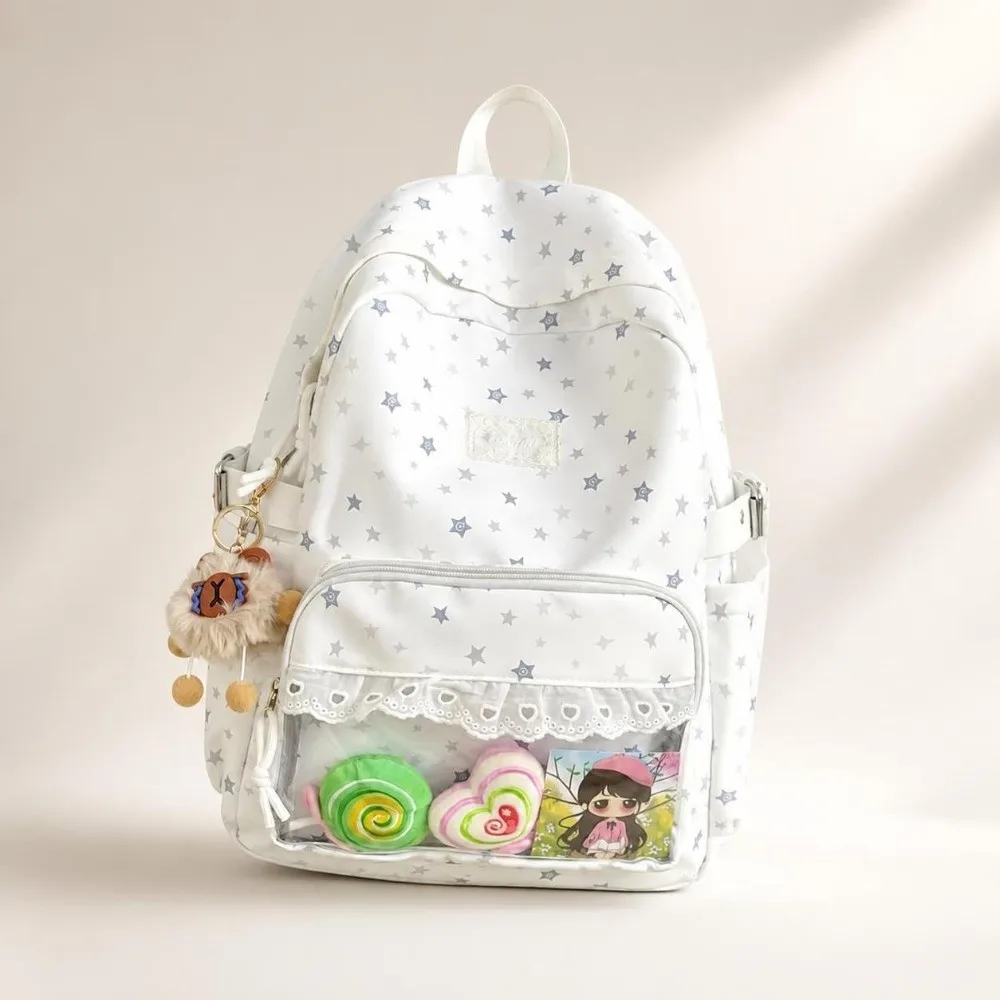 Large Capacity School Backpack Lace Trim Star Print Student Rucksack Japanese Style Cute Aesthetic Backpack School Campus