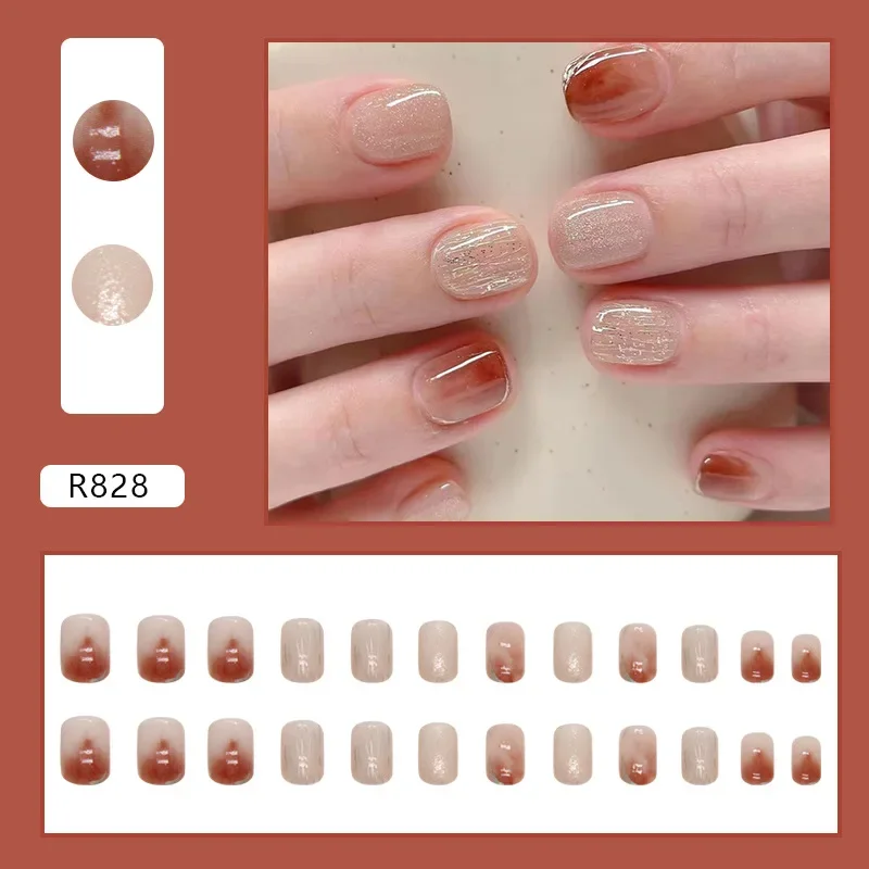 24Ps/Set Gentle Sweet Peach Blush Halo Removable Press on Nail Art Handmade Wearing False Nail Tips Solid Color Clear Fake Nails