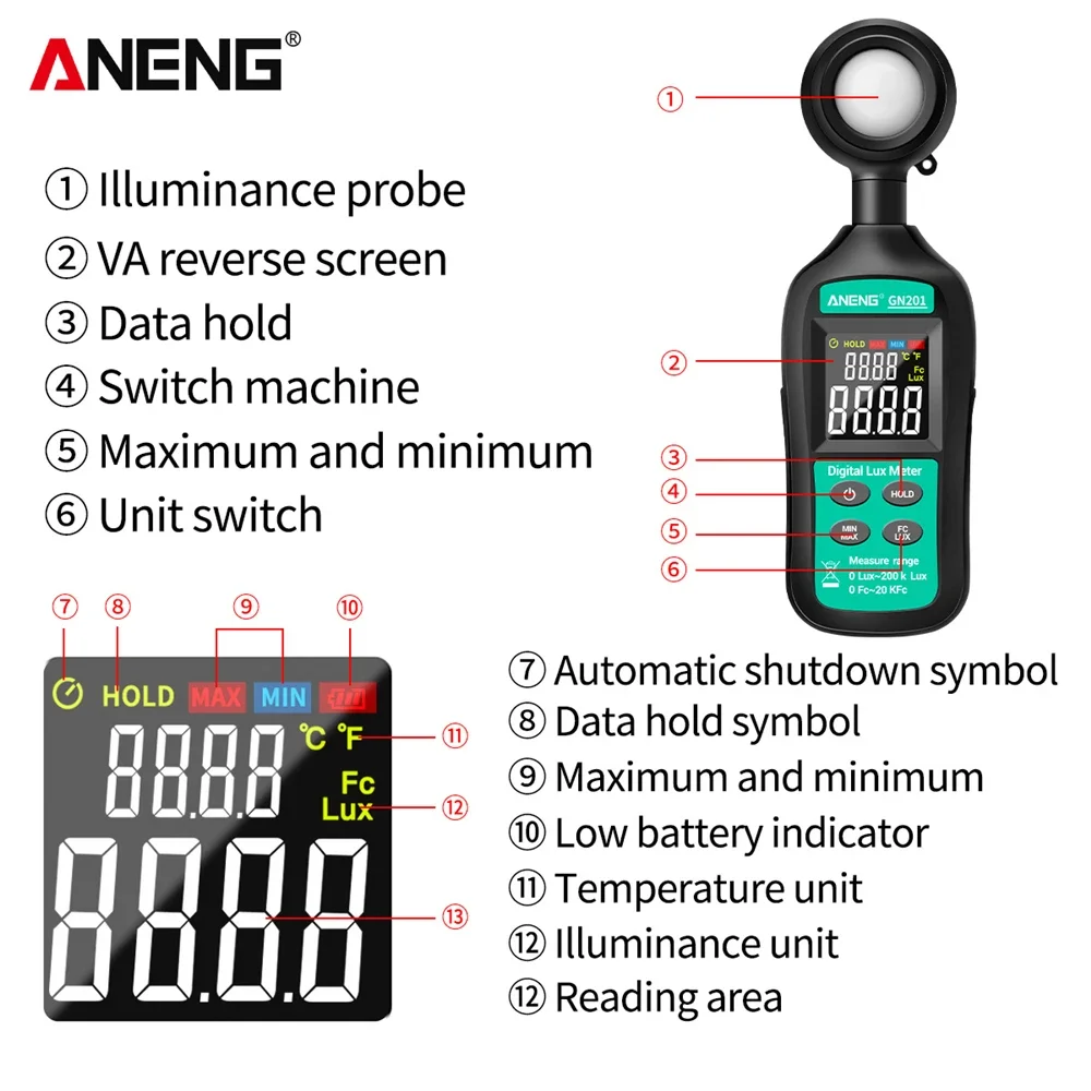 Imagem -04 - Medidor de Luz Digital 200k Luxmeter Radiômetro uv Iluminômetro Portátil Lux Medidor Photometer Aneng-gn201