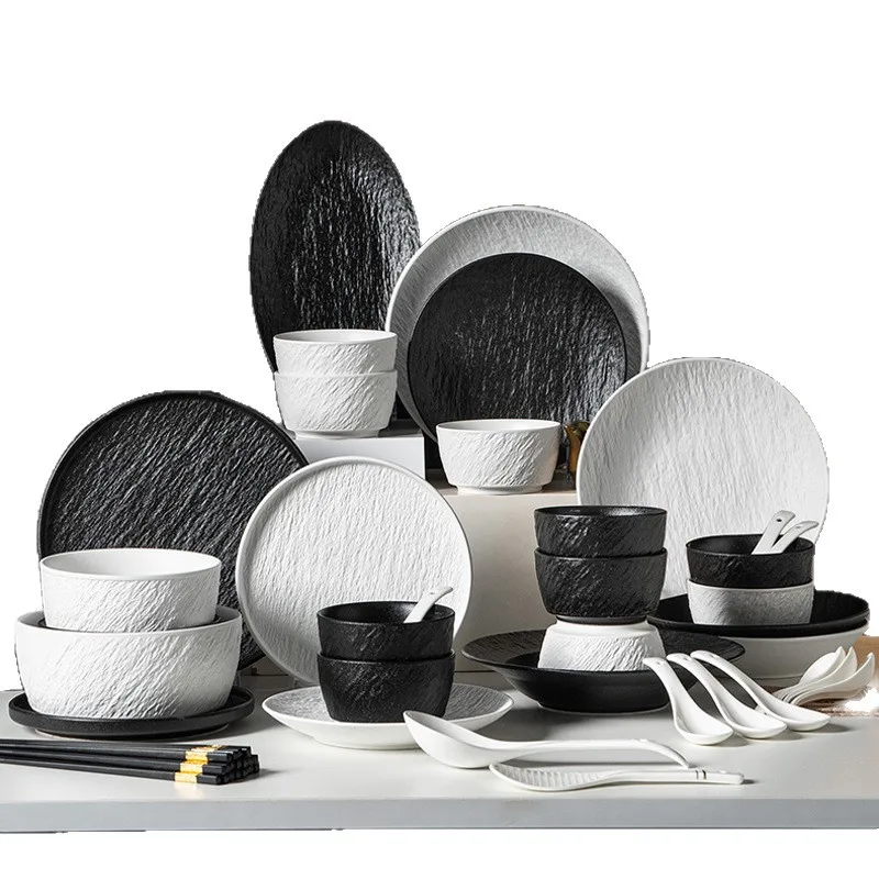 

Набор посуды из черно-белой керамики, 8/16/34/55 предметов, полный комплект, роскошный набор для сервировки стола на 2/4/6/8/10 персон