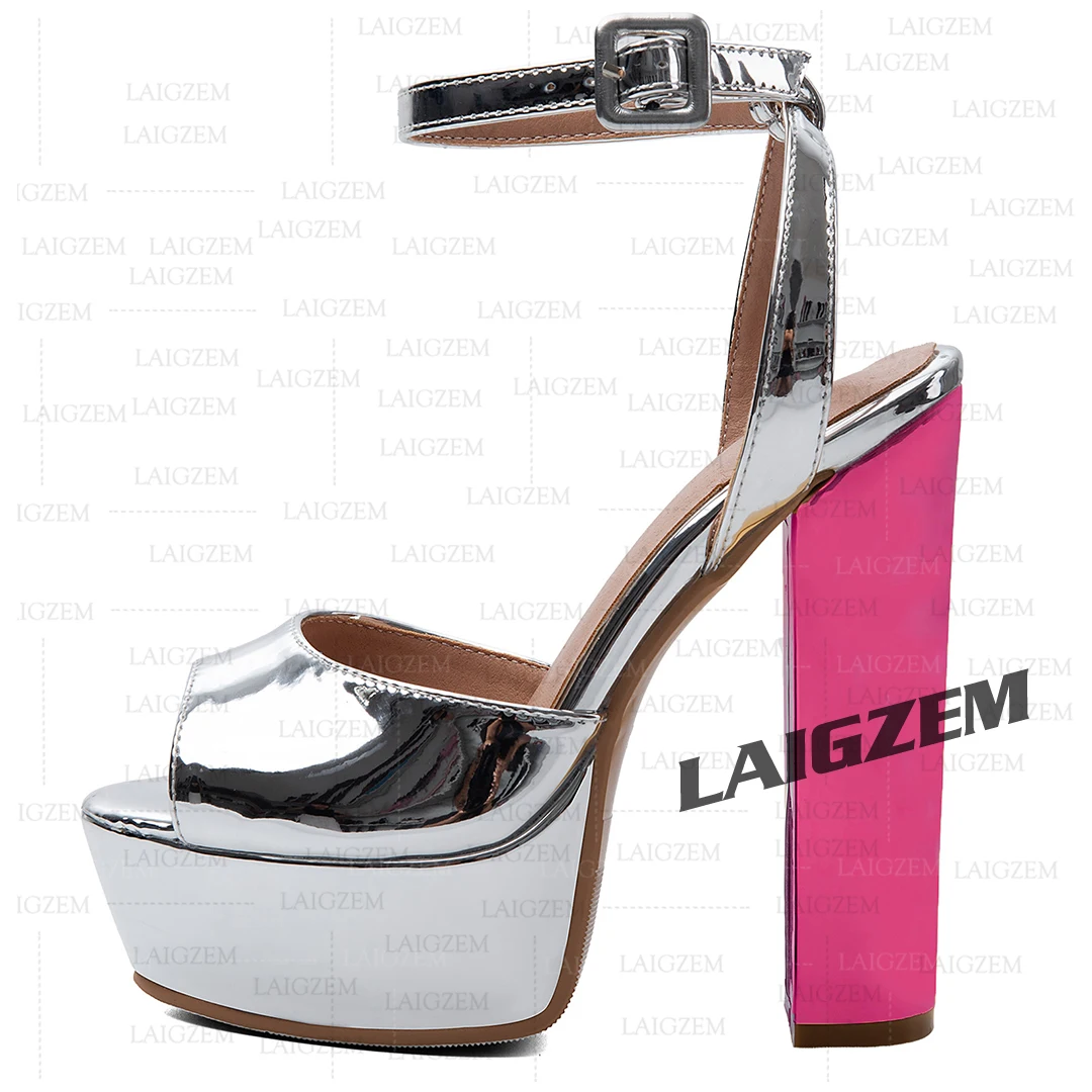 LAIGZEM Women Platform Sandals Peep Toe Thick High Heels Pumps Ankle Strap Handmade Summer Shoes Woman Large Size 39 41 44 52