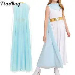 Roman Goddess Girls Fancy Dress Grecian Toga Greek Childrens Child Costume Halloween Sleeveless Fancy Dress with Tulle Cape Set