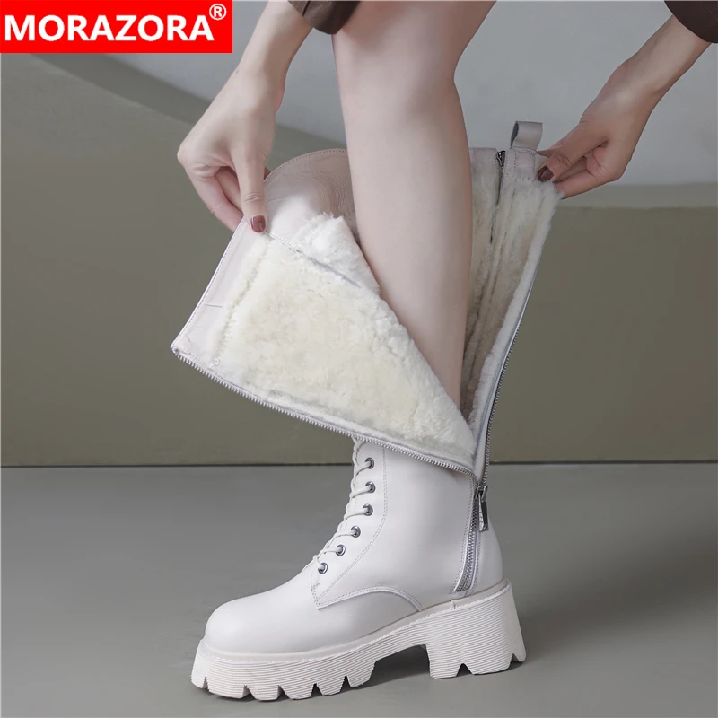 MORAZORA Size 34-43 New Genuine Leather Winter Boots Wool Blend Warm Snow Boots Women Zip Thick Fur Fashion Knee High Boots 2024