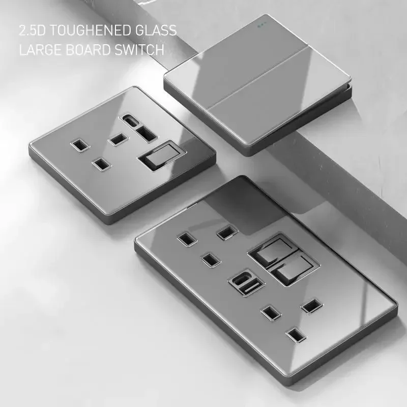 Deluxe Grey Tempered Glass Panel UK 13A Plug Electrical Socket, Double 5 Pin Socket and Switch, EU Universal USB C Wall Socket