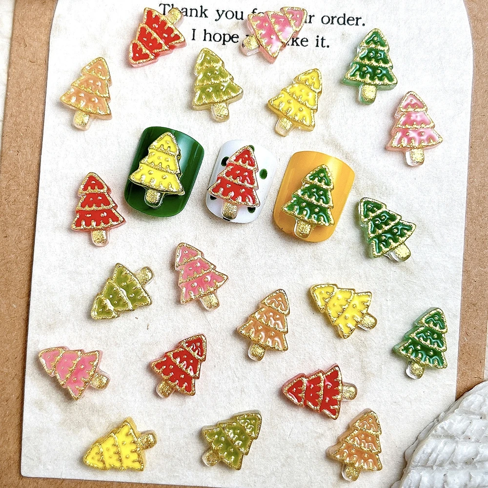 40 個ゴールドリム 3D アクリルネイルアートクリスマスツリーチャームアクセサリーグリッターネイルデコレーションマニキュア装飾用品