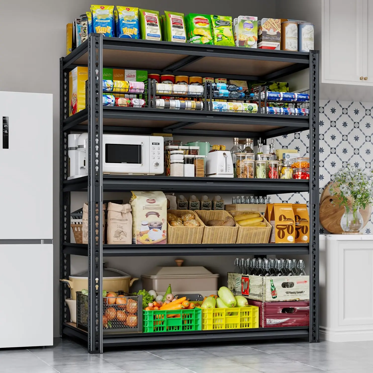 72H Storage Shelves Heavy Duty, 2000LBS Garage Shelving,5 Tier Metal Shelving Unit Adjustable Garage Shelves Utility Rack Shelf