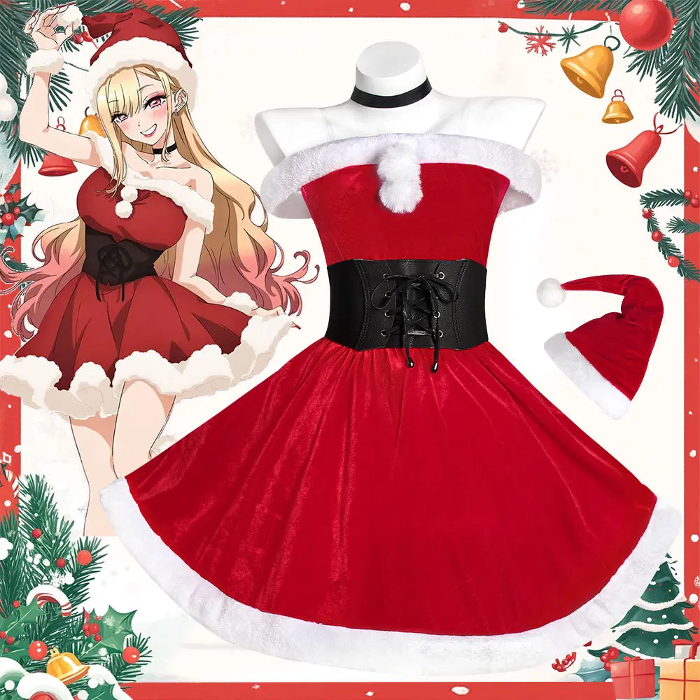 

Women Sexy Christmas Costume Anime My Dress-Up Darling Kitagawa Marin Cosplay Costume Cute Sleeveless Christmas Dress with Hat