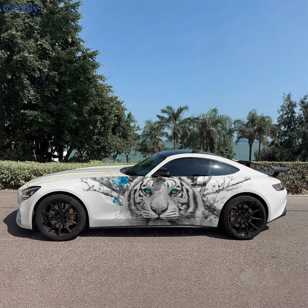2pcs Blue Spot Splatter Ink Tiger Car Side Wraps, Self-Adhesive PVC Waterproof & Scratch-Resistant Stickers, Car Accessory Gift