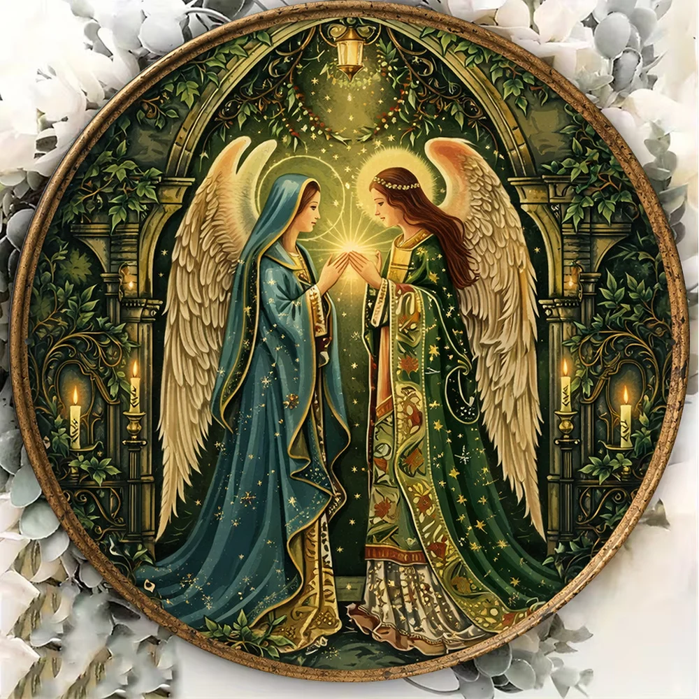 Vintage Angel Annunciation Round Metal Sign 8in Christian Decor Gift