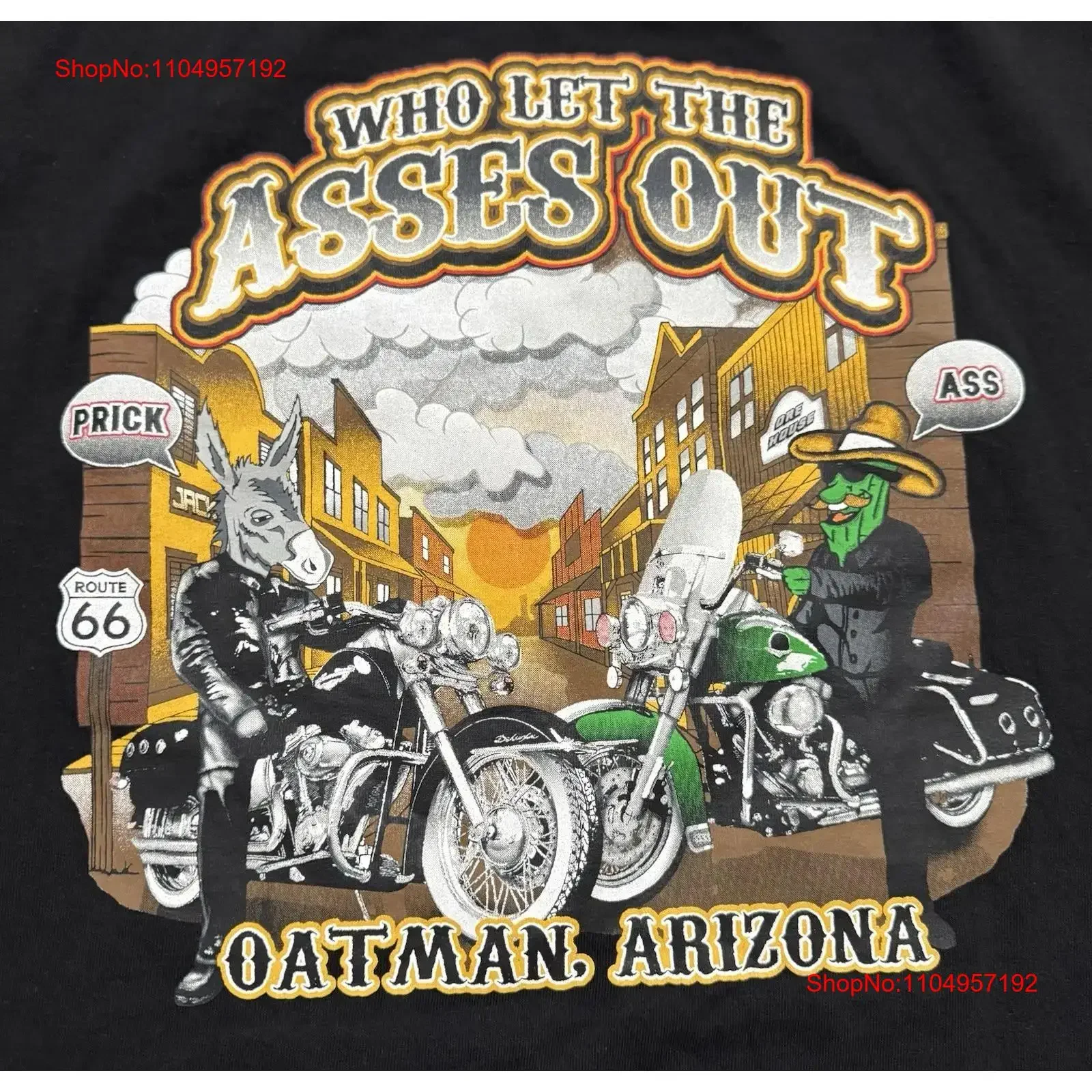 

Oatman Arizona Bike Week T Shirt Mens 2XL Who Let The Asses Out Black Funny Humor vintage Washed Soft Stretched streetwear