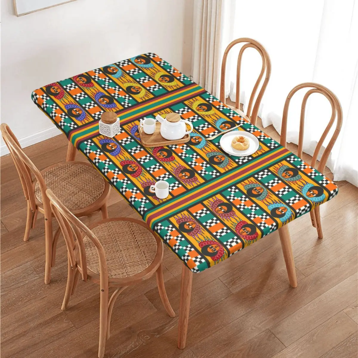 Custom Ethiopian Colourful Art Pattern Rectangular Tablecloth Oilproof 4FT Table Cloth Table Cover