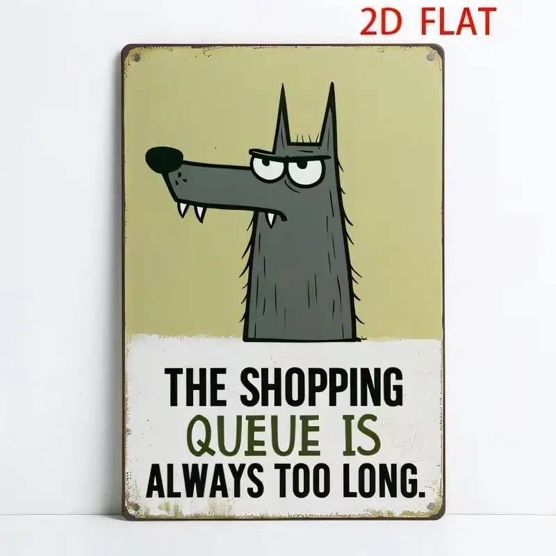 2D Flat Wolf Shopping Queue Vintage Metal Tin Sign - Retro Cartoon Design, Iron Wall Art for Home/Bar/Cafe Decor