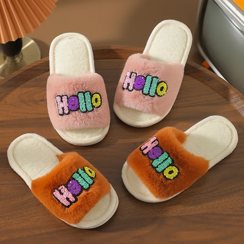 Kids Slippers 2023 Winter Girls Fashion Brand Warm Fur Beach Sandals Baby Boys Toddler Outdoor Slides Non Slip Shoes Soft Sole