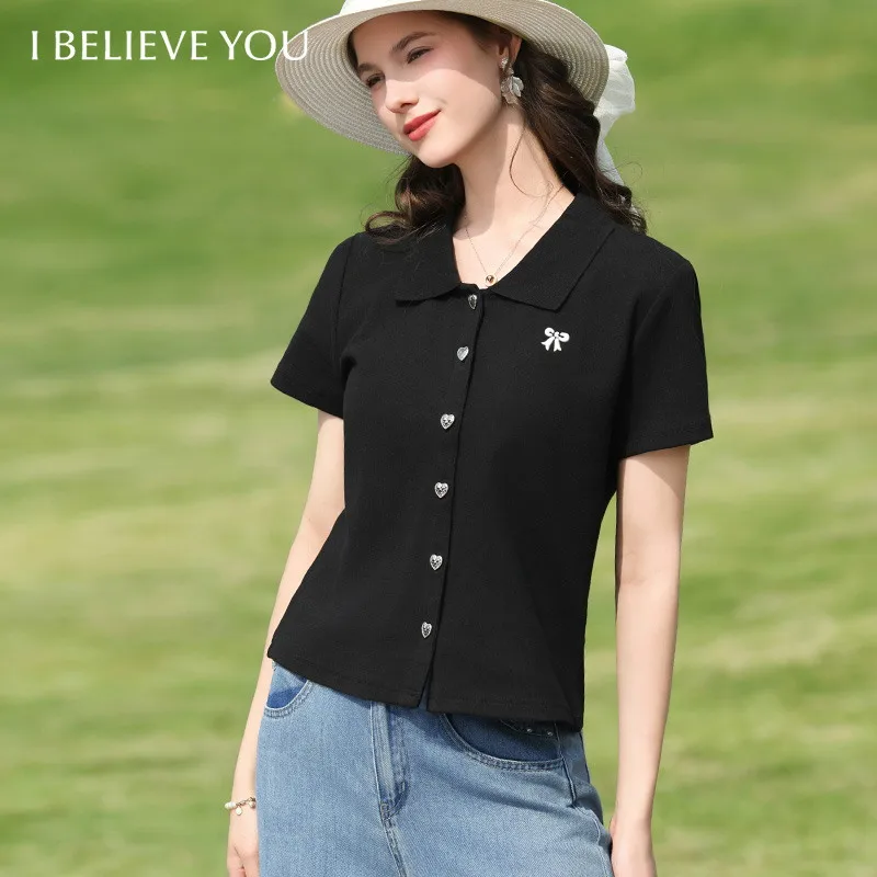 I BELIEVE YOU Short Sleeve Collar Waist Cardigan 2026 Summer New Bow Love Metal Buckle Gentle Elegant Top For Women 2262016365