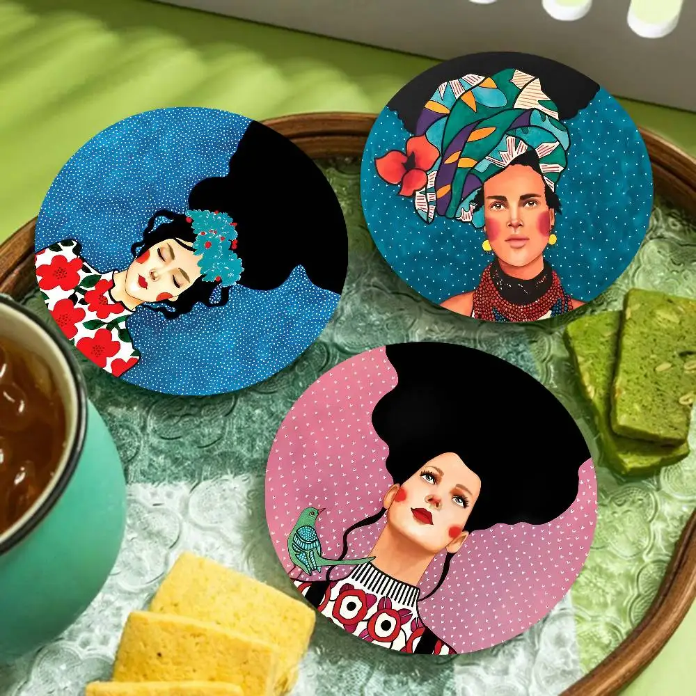 Abstract Flowers Girl fair Wood Coasters Colorful Round Coaster Non-slip Heat Insulation Coffee Mats Home Accessories Kitchen