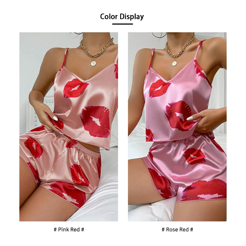 Women\'s Cute Heart Print Satin Pajama Set - V Neck Cami Top and Elastic Shorts for Comfortable Sleep and Lounging Homewear