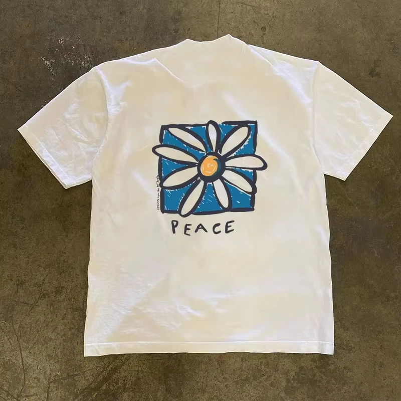 2026 Off White Hand Drawn Daisy Dual Sides Match Graphic T-shirt Grunge Print Soft Cotton Short Sleeve Unisex Casual Tee