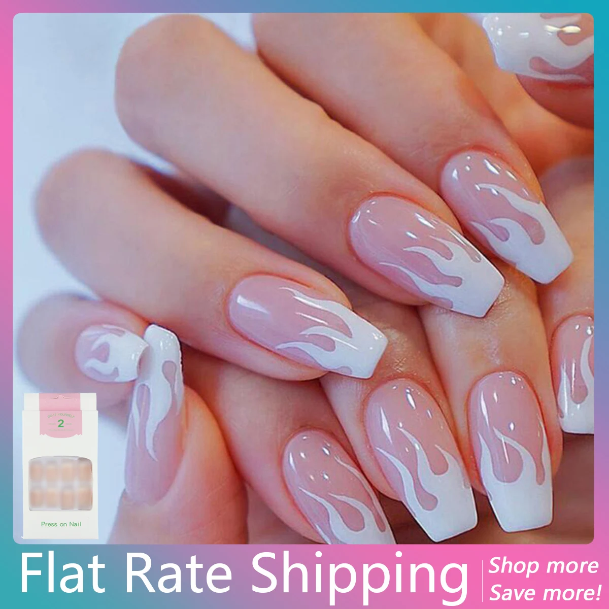 24 Pieces/Box Press On False Nail Art Tips Oval Cofffin Long Fake Nail with Nail Adhesive Accessories JP2050