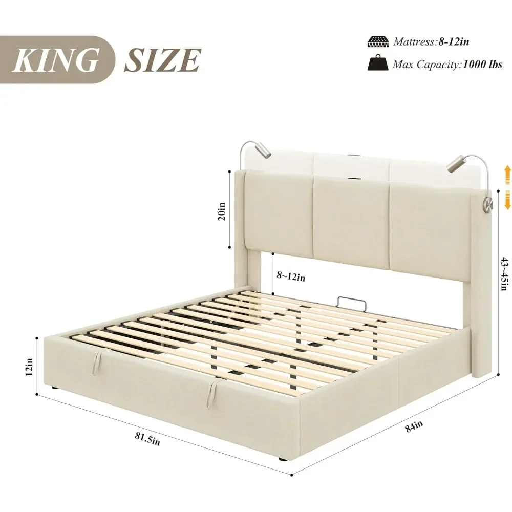 Extra Large Lifting Storage Bed Frame with Charging Station, Equipped with Reading Lights and Adjustable Wing Back Headboard