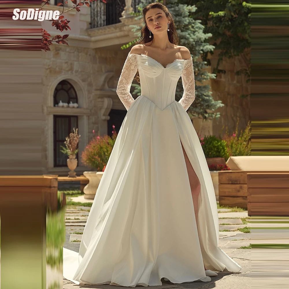 

﻿ SoDigne A-line Off Shoulder Lace/Satin Wedding Dresses 2026 Long Sleeves Bridal Dress Bride Gown vestidos de novia Customized
