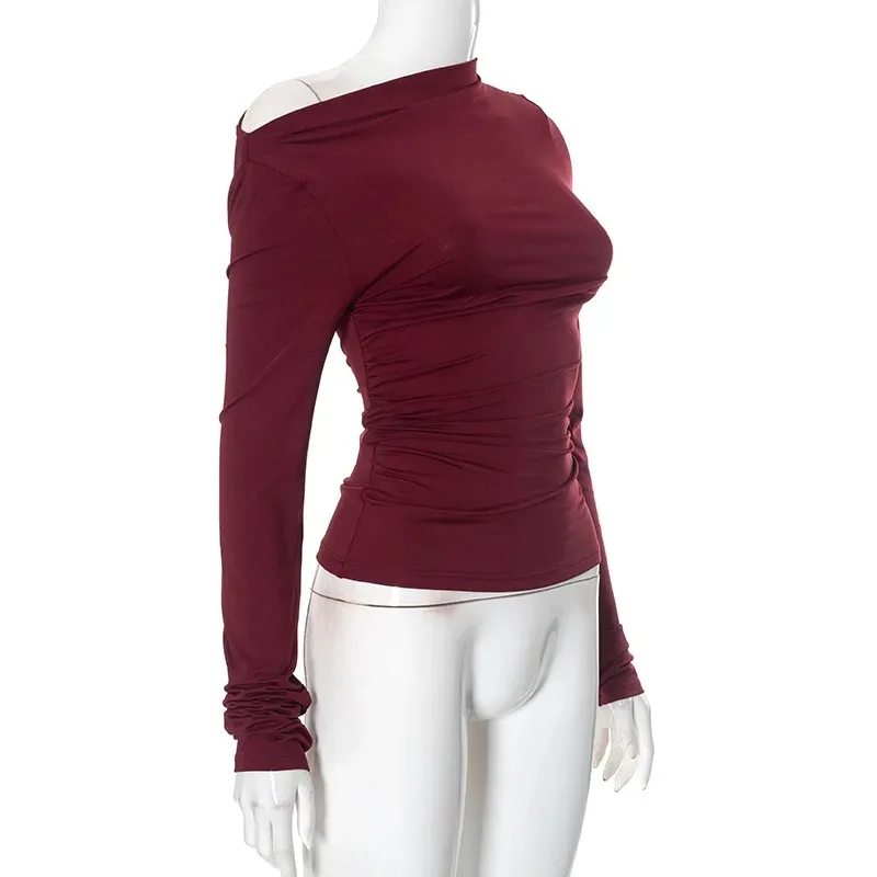 2025 New Vintage Sexy Tops Off Shoulder Long Sleeve T-shirt Women's Elegant Autumn Winter Spicy Girl Slim Fit Short Red Crop Top