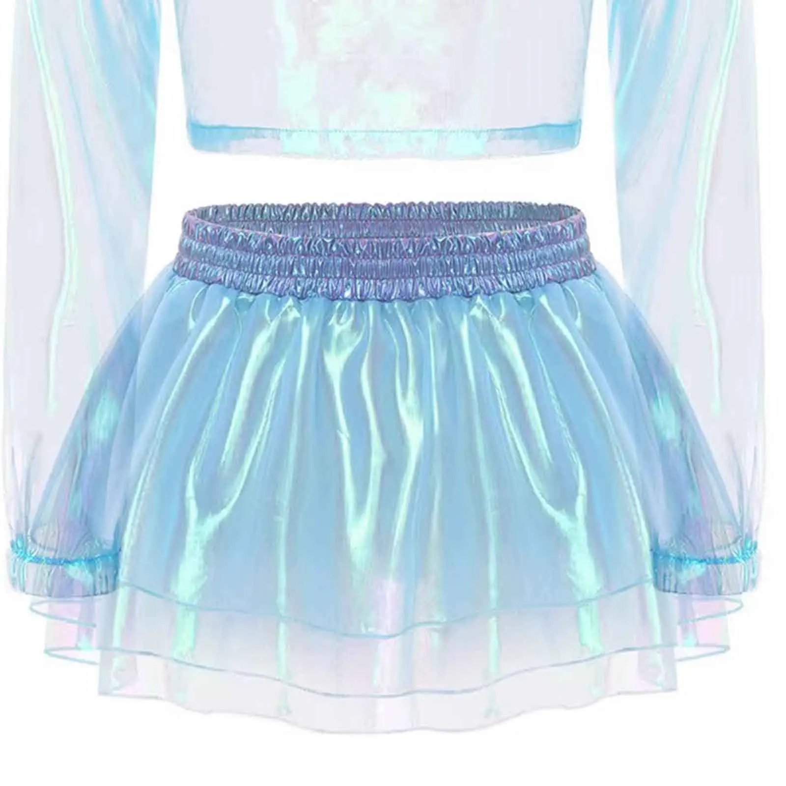 

Women Sexy Organza Shiny Bikini Cover Cropped Tops with Mini Tutu Skirt Sets Fashion Pool Party Beachwear Dating Nightwear