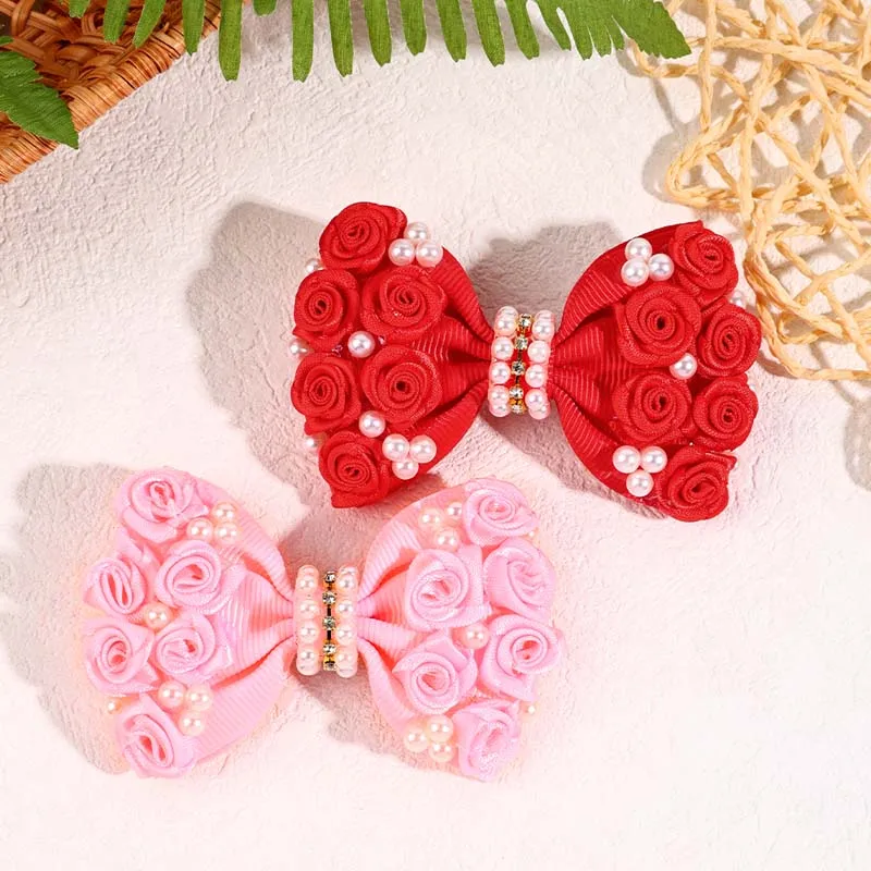 ncmama Pink Red Rose Flower Hairpins for Women Girls Elegant Pearl Bow Hair Clip Barrettes Headwear Boutique Hair Accessories