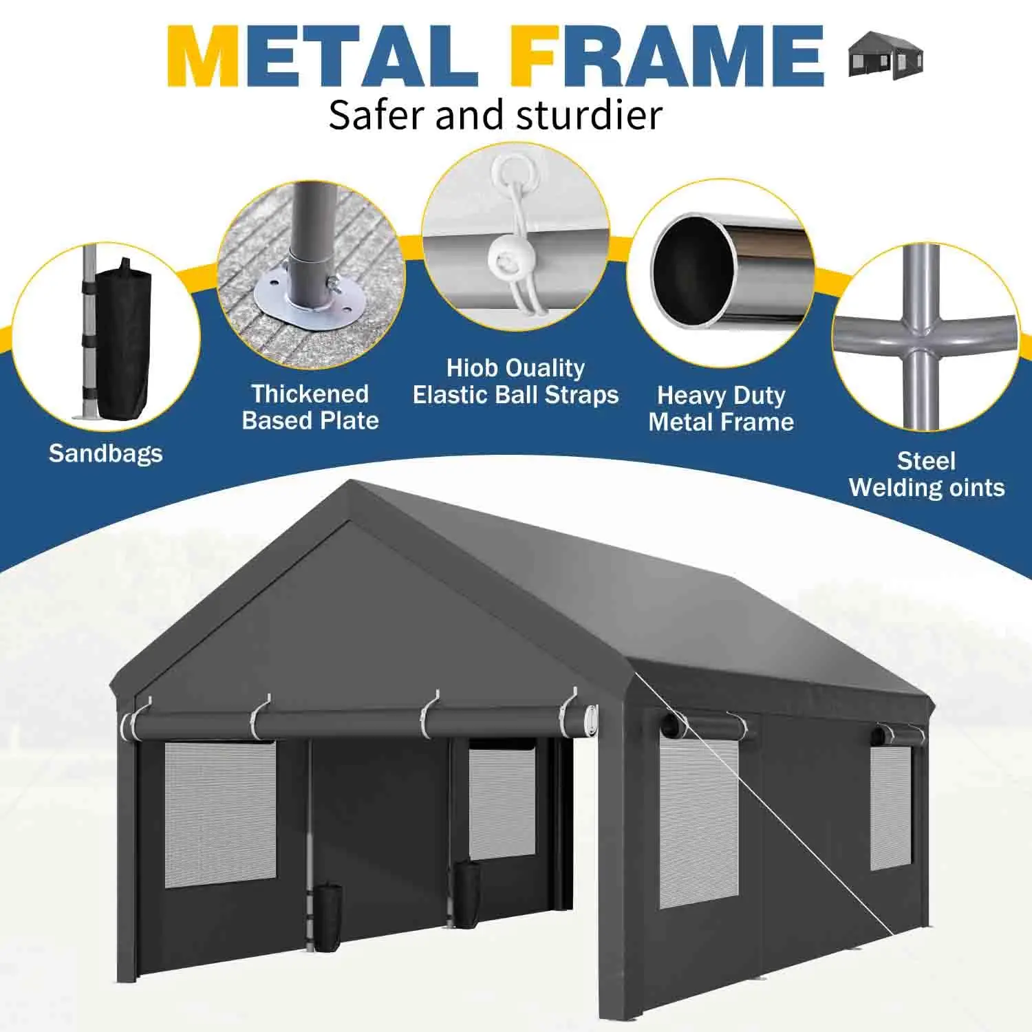 12x20 ft Heavy Duty Carport with Roll-up Windows, Removable Sidewalls & Doors, Garage with Sandbags for Car Truck, Customized