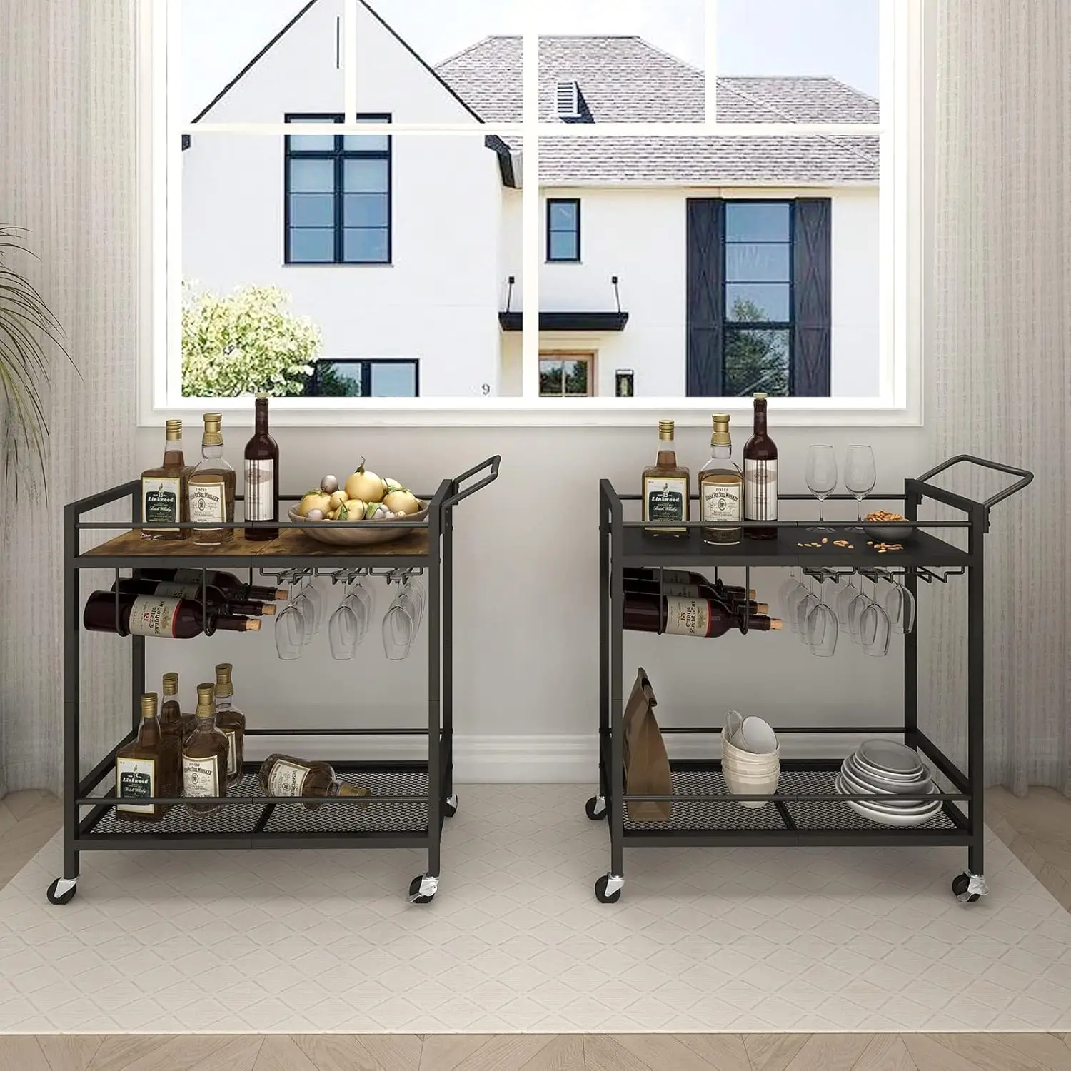 Home Bar Serving Cart,Mobile Drink Beverage Cart with Two-Color Top Shelf,Rolling Kitchen Cart with Wine Holder and Glass Holder