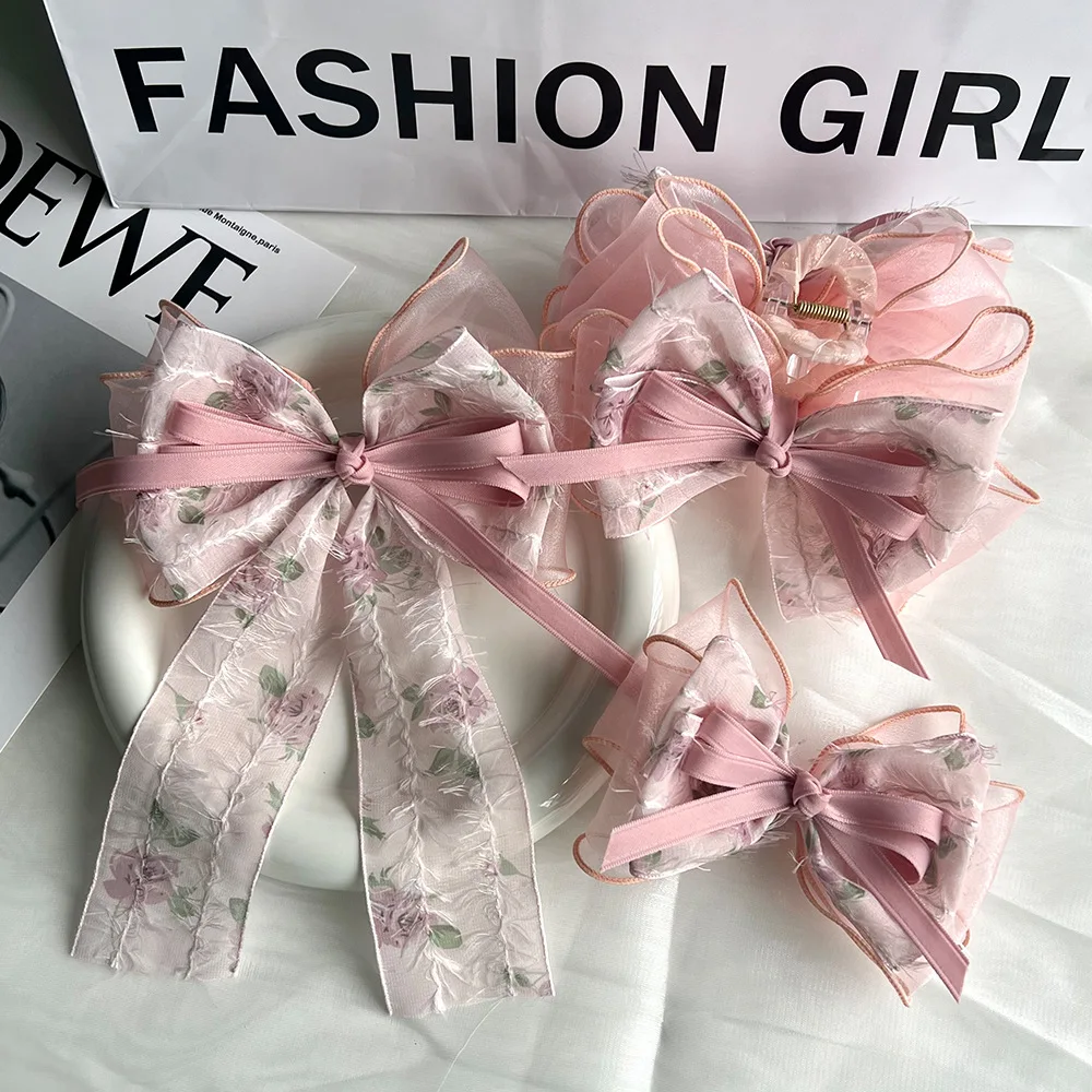 

Pink Floral Headdress Large Bow Streamer Grab Clip Scrunchies Hair Bands Ponytail Holder Rubber Hairband Hair Rope Accessory