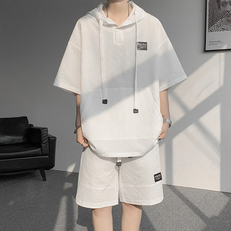 

Summer Thin Cool Hooded T-shirt Set For Men's Summer T-shirt+shorts Two-piece Loose Fit Hong Kong Style Printed Sportswear Set