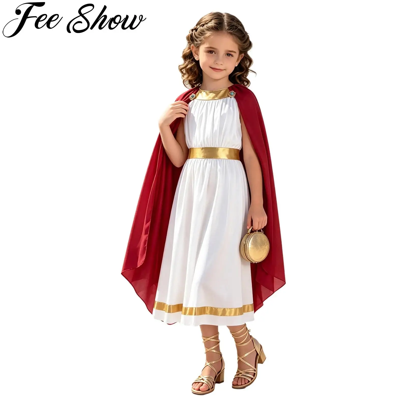 Kid Girls Ancient Greek Athena Goddesses Toga Costume Sleeveless Metallic Trim Shawl Dress Halloween Roman Princess Cosplay Robe