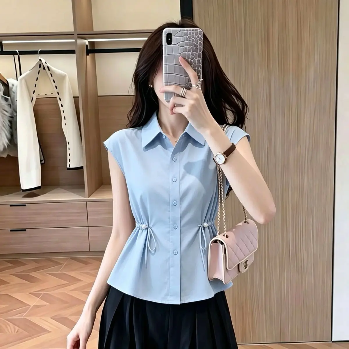 Slim Fit Neck Short Sleeve Shirt Pure Color Waist-Cinching Design Fashionable Summer New Style plus Size Women's Top