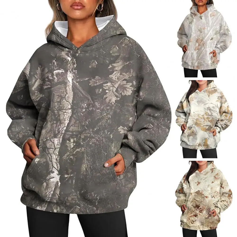 Women Hoodie with Big Front Pocket Camouflage Maple Leaf Print Sport Top Casual Oversized Hooded Outdoor Travel Sport Clothes