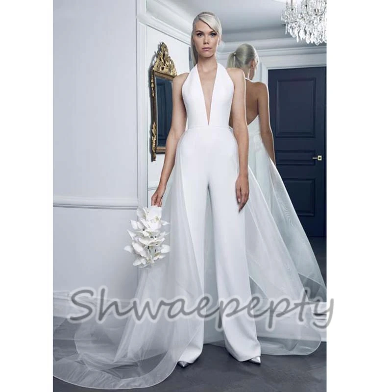 Macacões de casamento simples para mulheres, decote em v profundo, cabeçada sem mangas, vestidos de noiva sem costas, vestido elopement sexy, verão, 2023