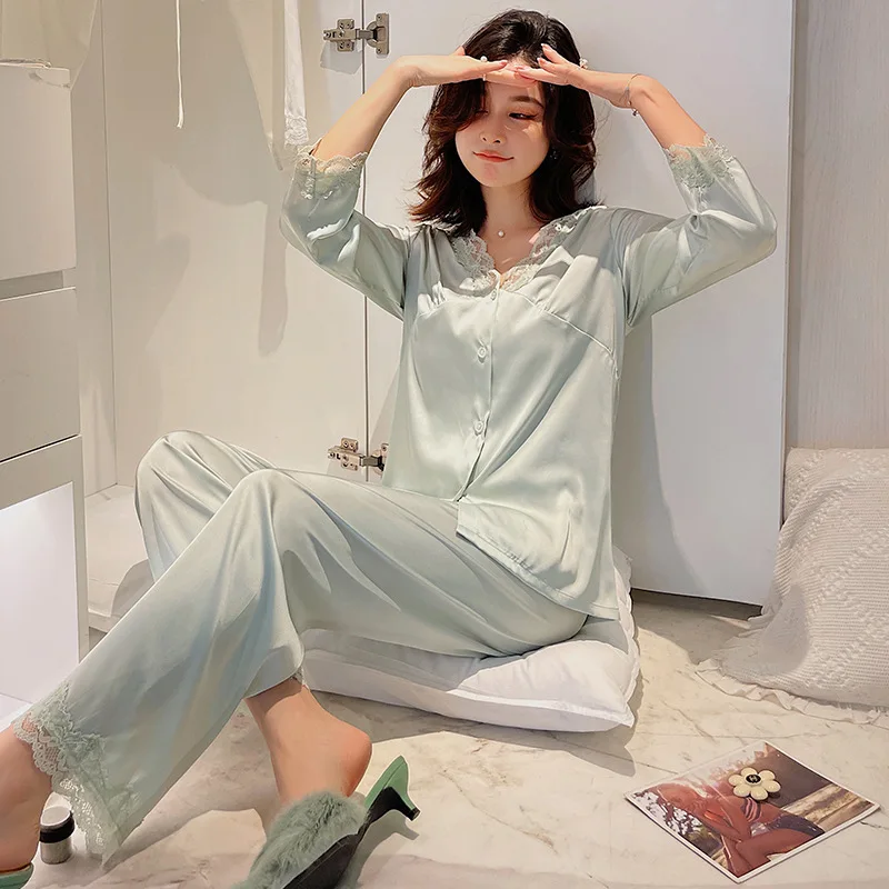 

Lace Sexy Pajamas Suit Sleep Set Satin Nightwear Homewear Pyjamas Female Home Clothing Floral Sleepwear Spring 2PCS Tops&Pants