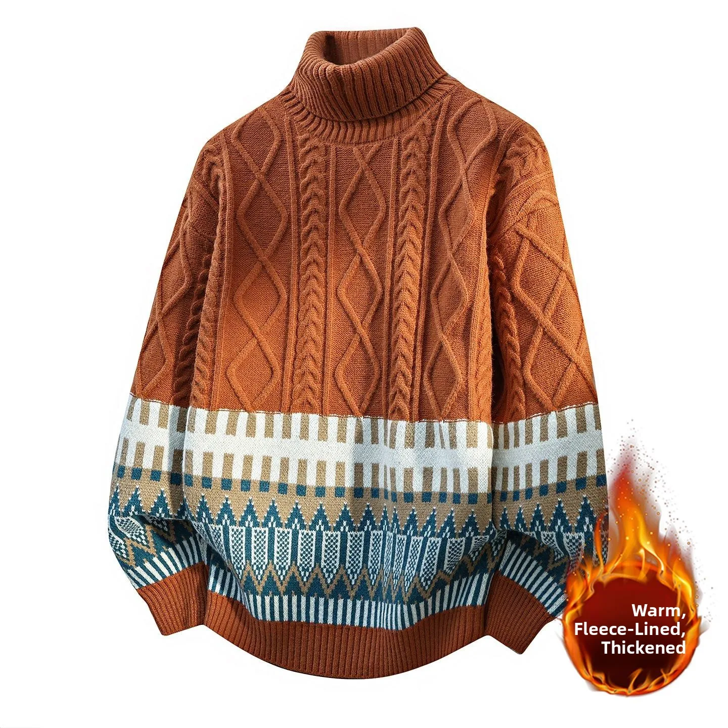 

Мужской утепленный пушистый вязаный свитер с высоким воротником, осенне-зимний, модный, повседневный, с геометрическим узором, мужская вязаная одежда