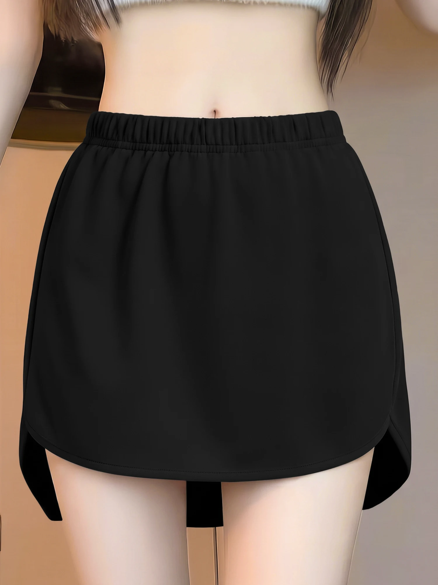 Women Elastic Waist Curved Hem Mini Skirt Solid Black Simple Casual Short Skirt Daily Outdoor Walking Bottoms