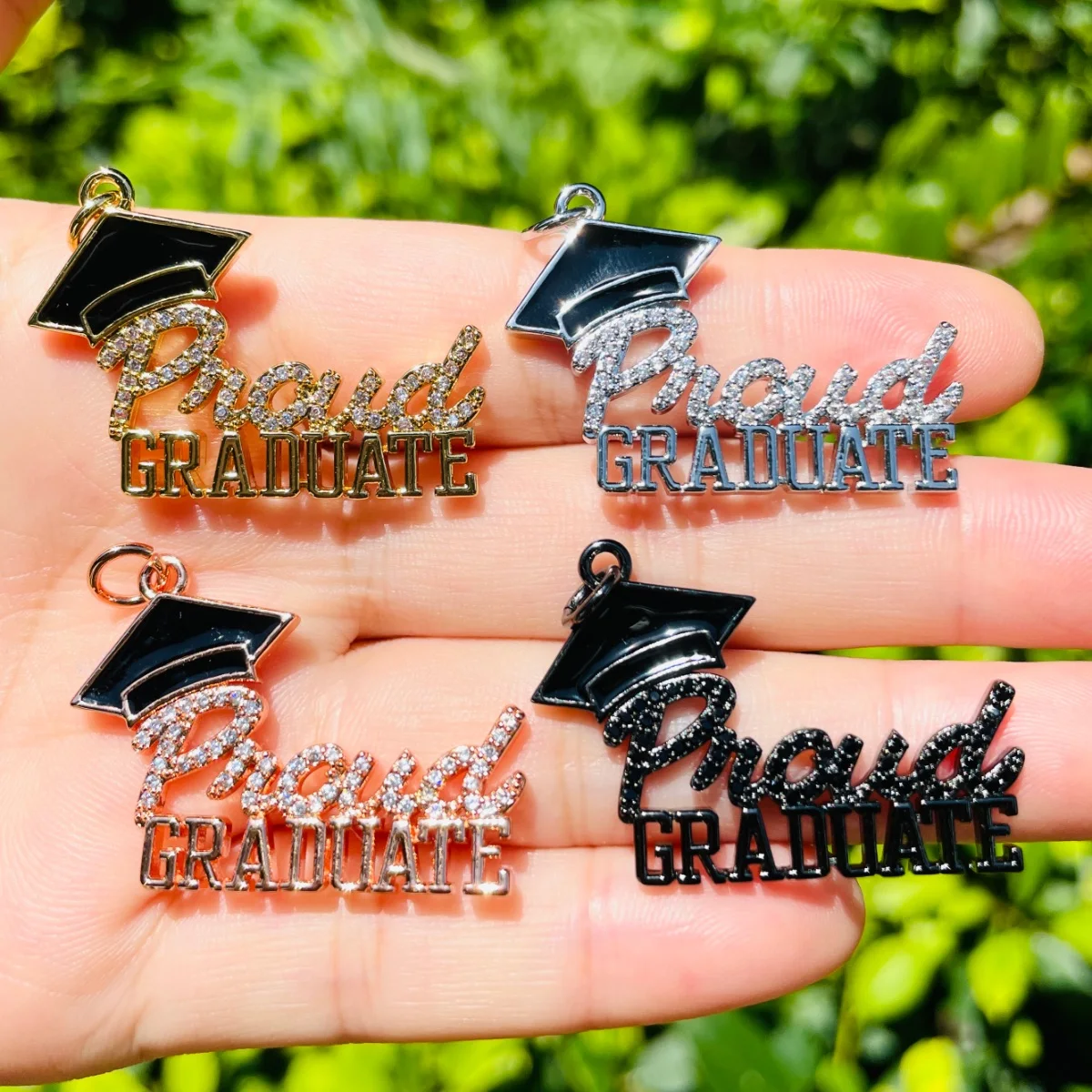 5pcs Zirconia Paved Proud Graduate Word Charm for Women Bracelet Girl Necklace Making Gold-Plate Graduation Pendant Souvenir DIY